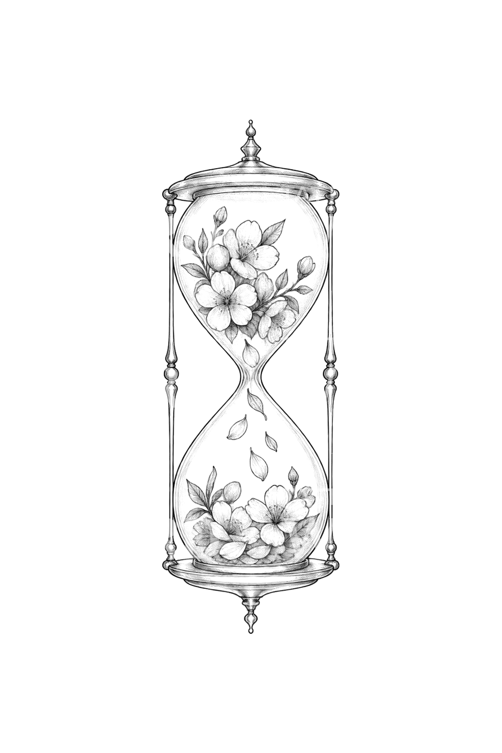 Desenho de tatuagem de ampulheta cheia de flores em fine line