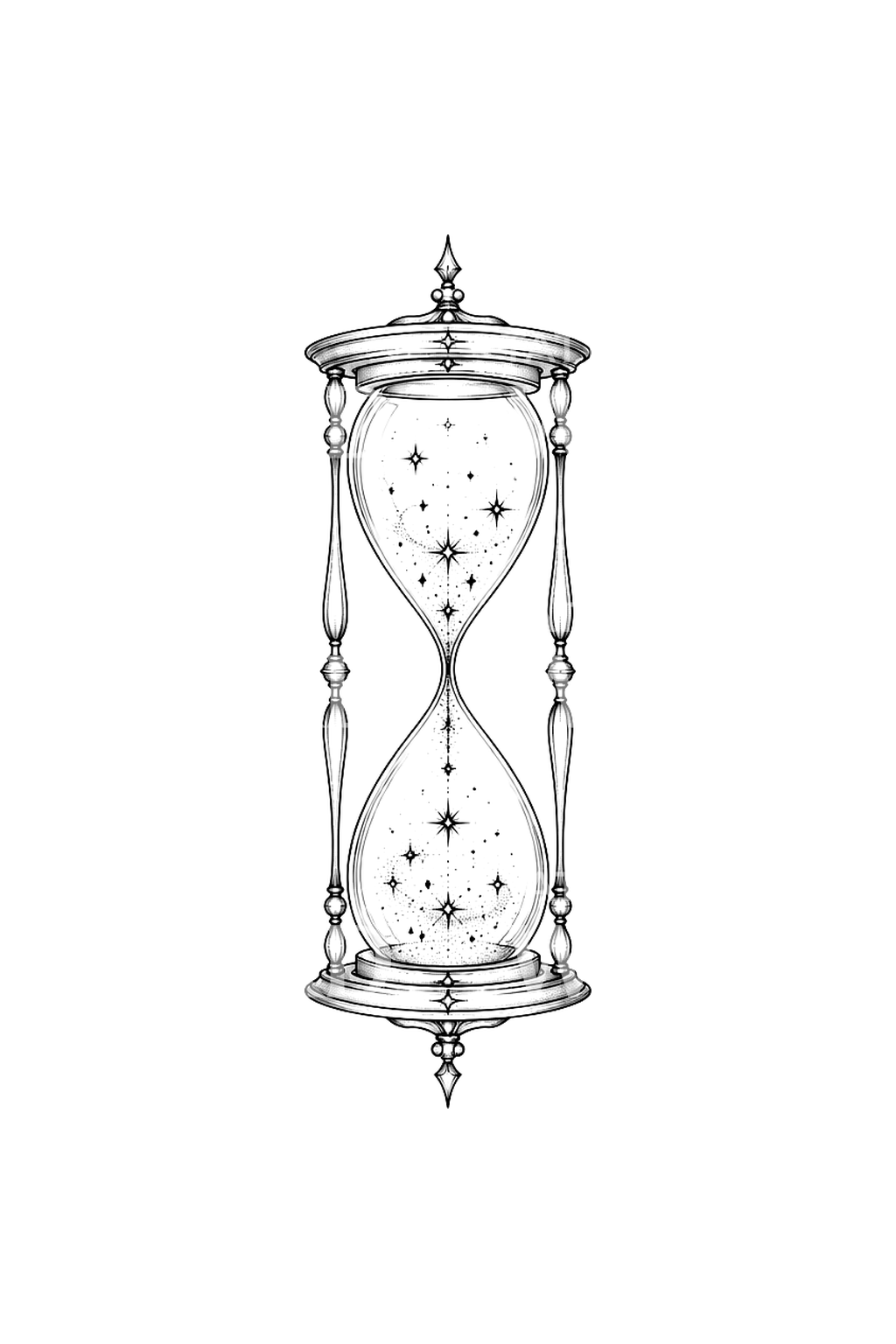 Timeglass fylt med stjerner, fine line-tatoveringsidé