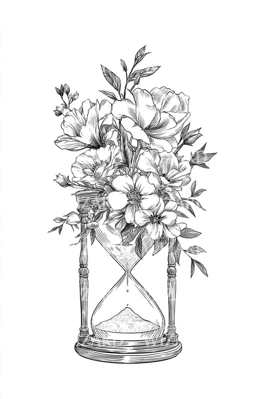 Hourglass Floral Time Tattoo Design