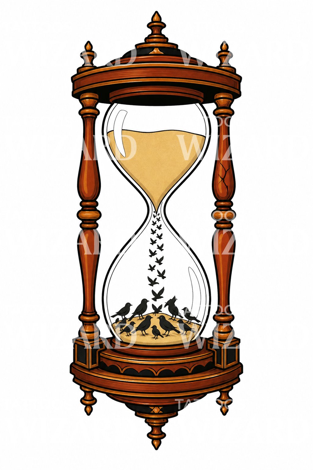 Hourglass with Falling Birds Tattoo Design