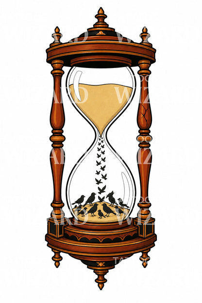 Hourglass with Falling Birds Tattoo Design