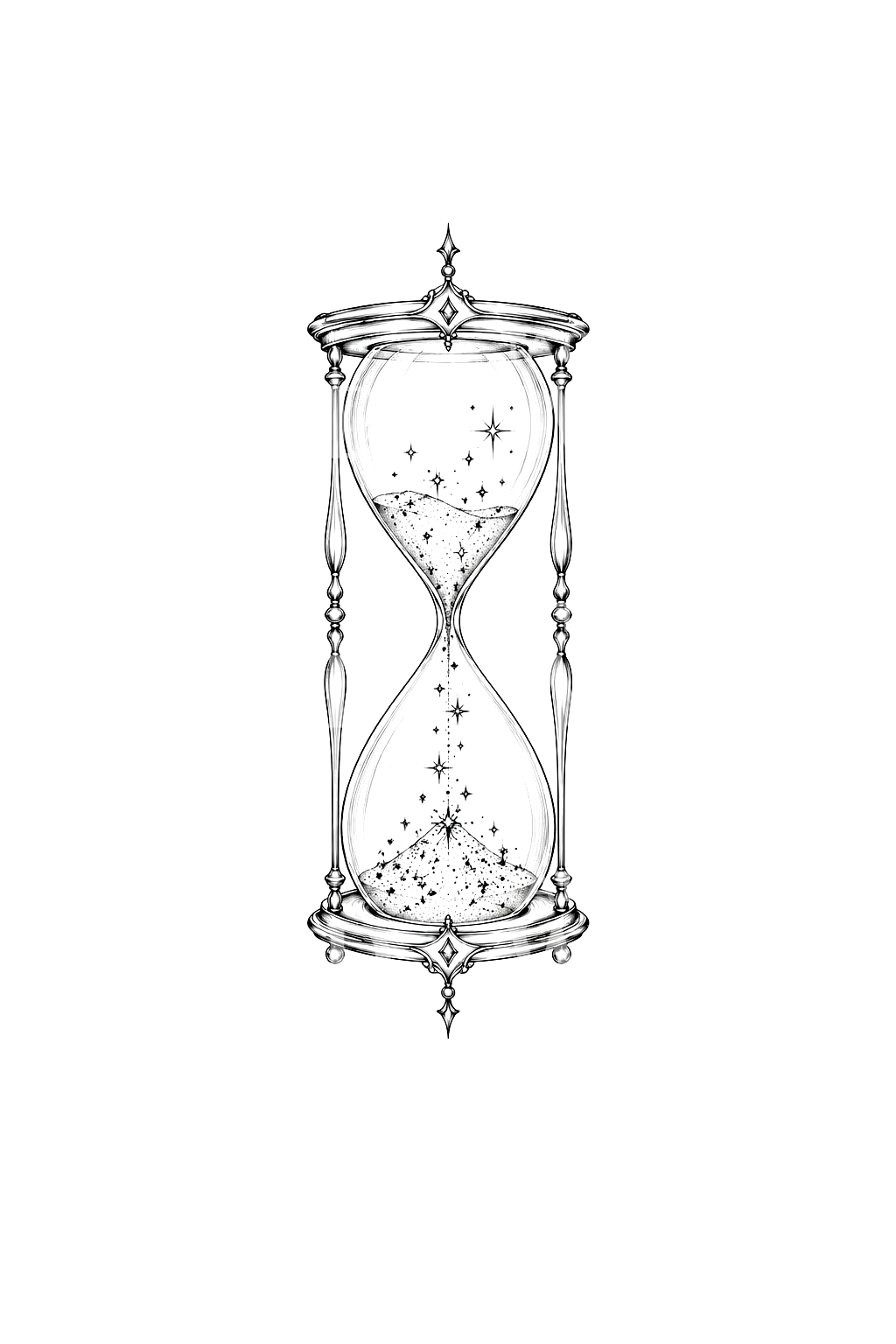 Fine line-tatovering med timeglas og faldende stjerner