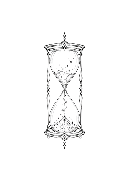 Fine line-tatovering med timeglas og faldende stjerner