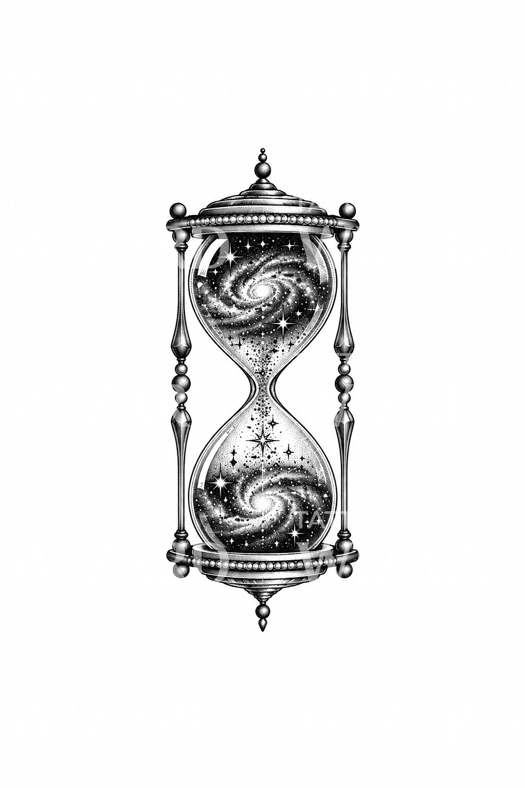 Diseño de tatuaje dotwork de un reloj de arena con una galaxia dentro