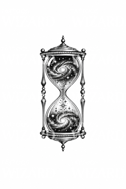 Diseño de tatuaje dotwork de un reloj de arena con una galaxia dentro
