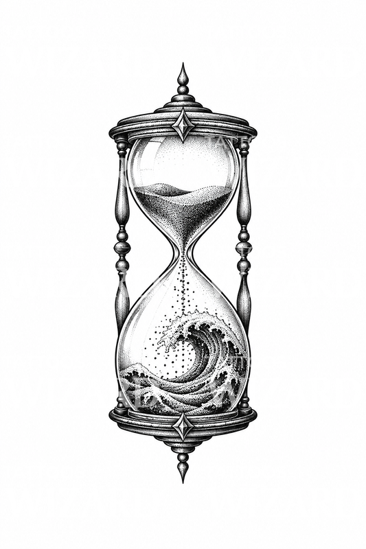 Hourglass with Ocean Wave Sand Dotwork Tattoo