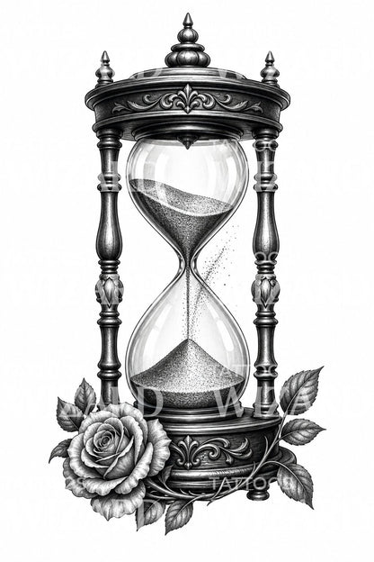 Hourglass with Rose Black and Grey Tattoo Design