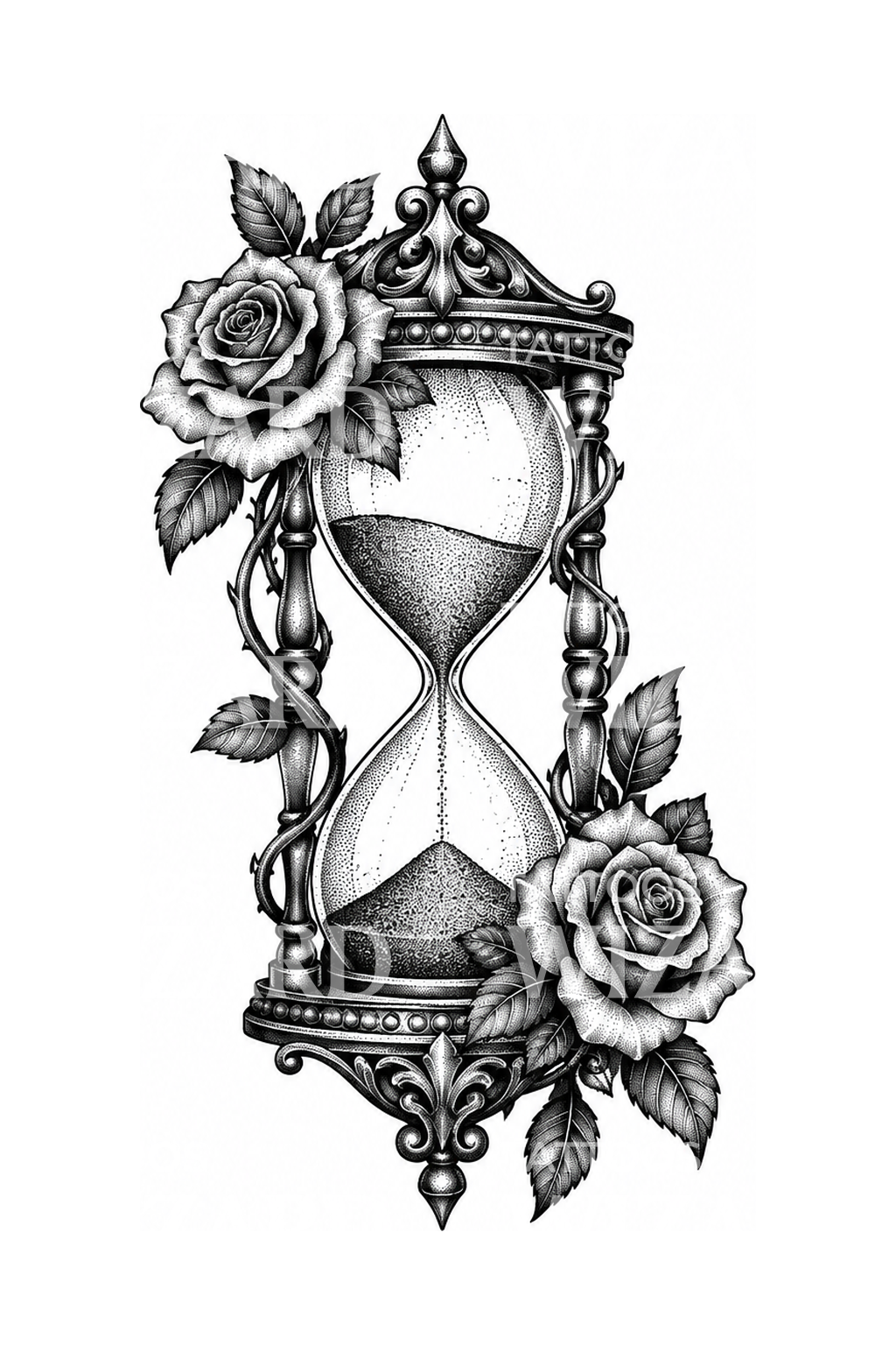 Tatouage dotwork sablier avec des roses