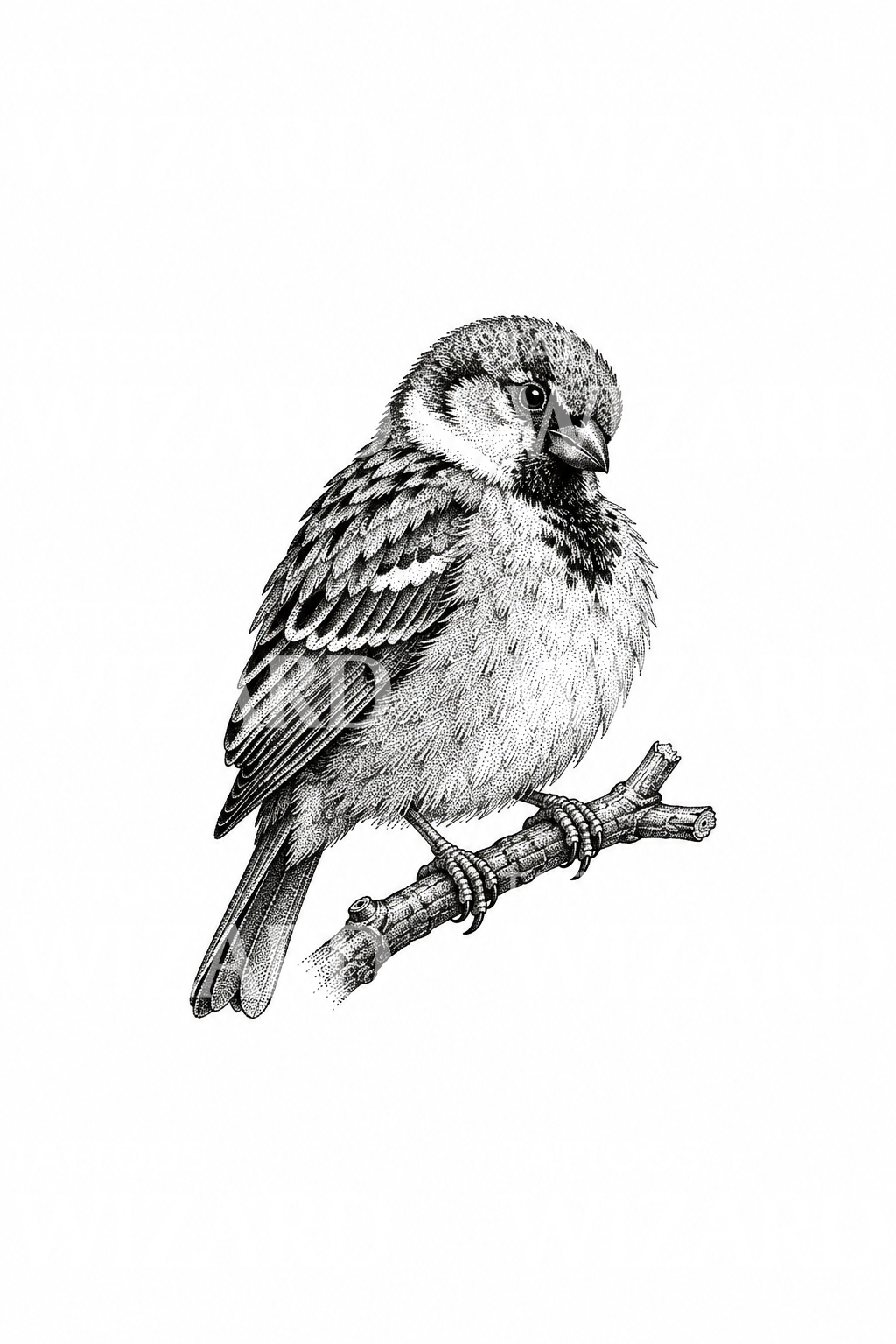 Gråsparv på en kvist, dotwork-tatuering