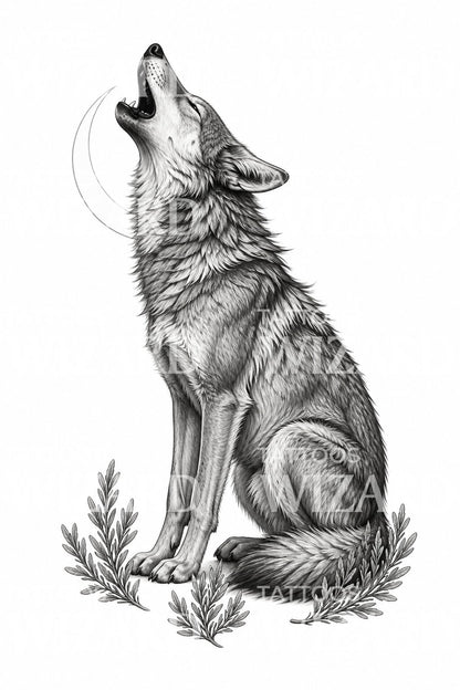 Howling Coyote Crescent Moon Tattoo Design