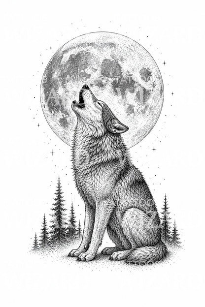 Howling Wolf and Moon Tattoo Design