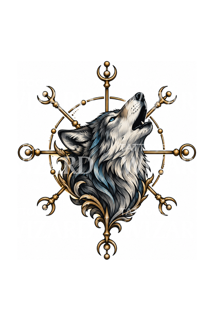 Illustration de tatouage loup hurlant et Vegvisir