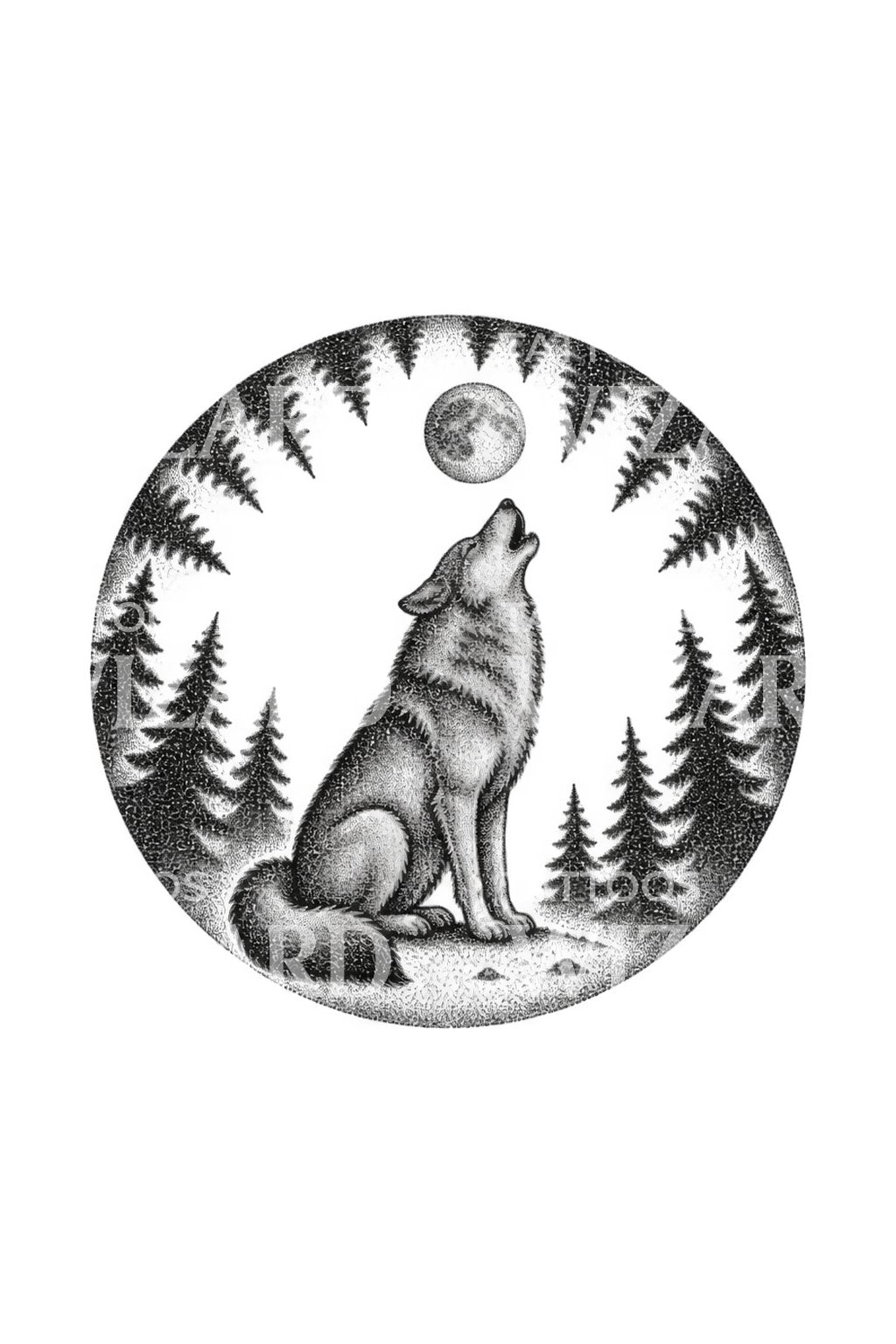 Howling Wolf in Pine Circle Tattoo Design