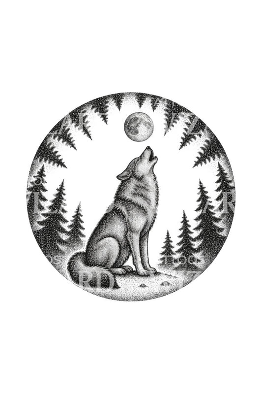 Howling Wolf in Pine Circle Tattoo Design
