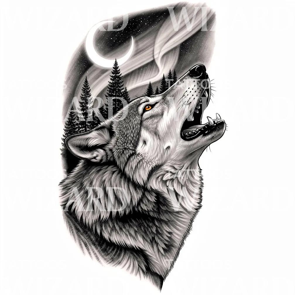 Howling Wolf Moon Tattoo Design