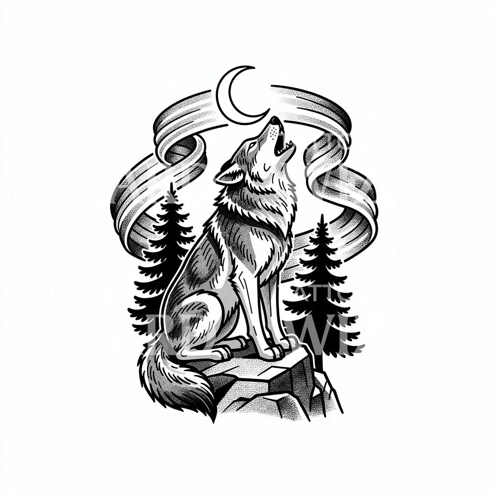 Design Tattoo Lupo Ululante e Luna