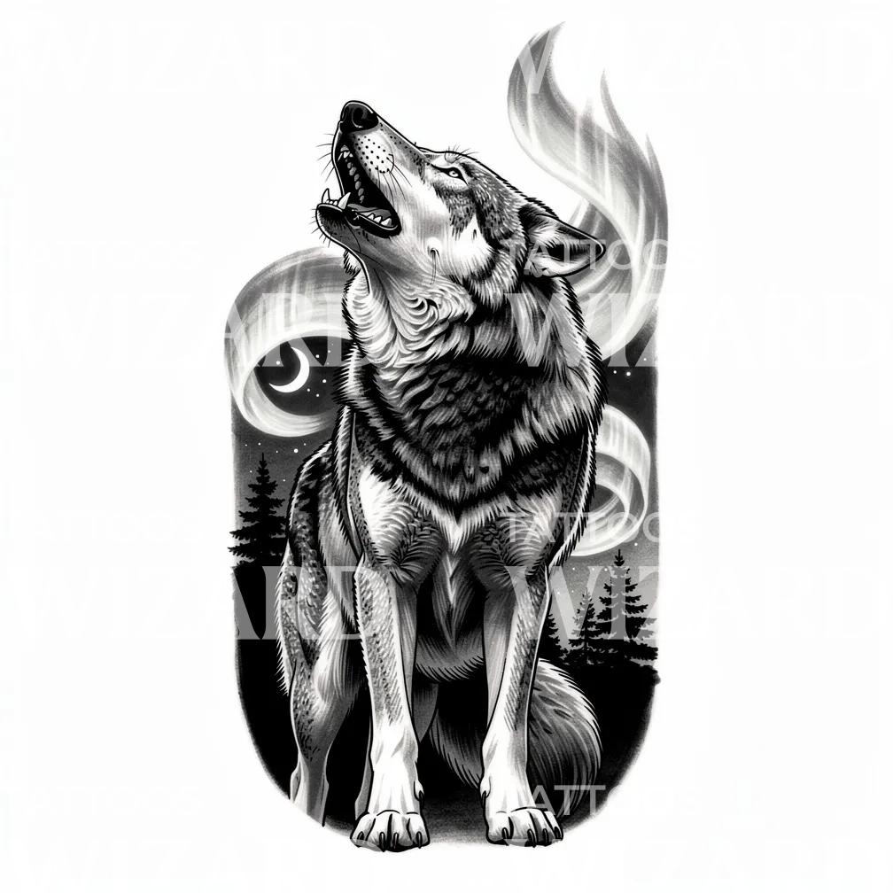 Howling Wolf Night Tattoo Design