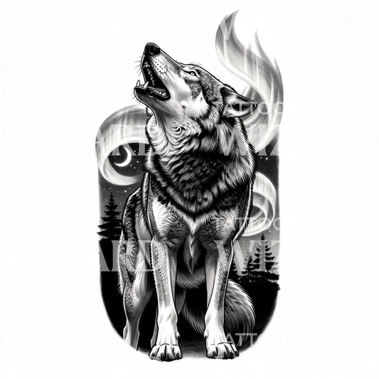 Howling Wolf Night Tattoo Design