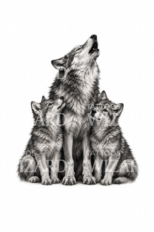 Howling Wolf Pack Realism Tattoo