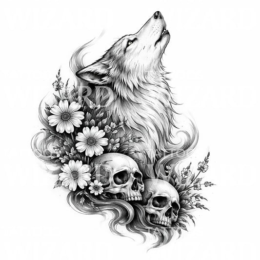 Howling Wolf Skull Tattoo Design