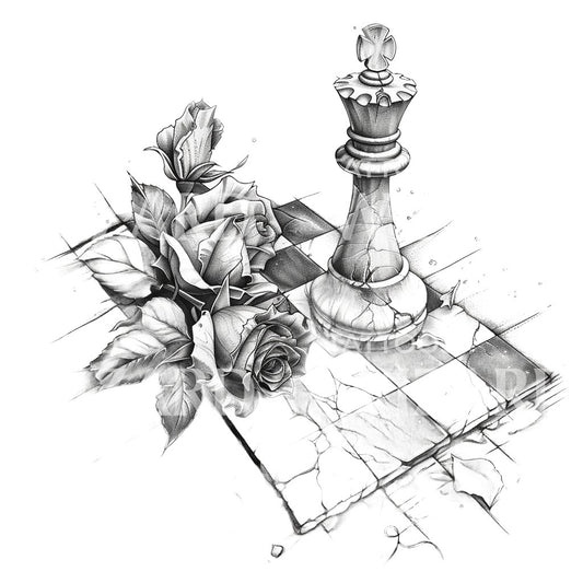 Tattoo-Design mit kaputtem Schachbrett und Rosen
