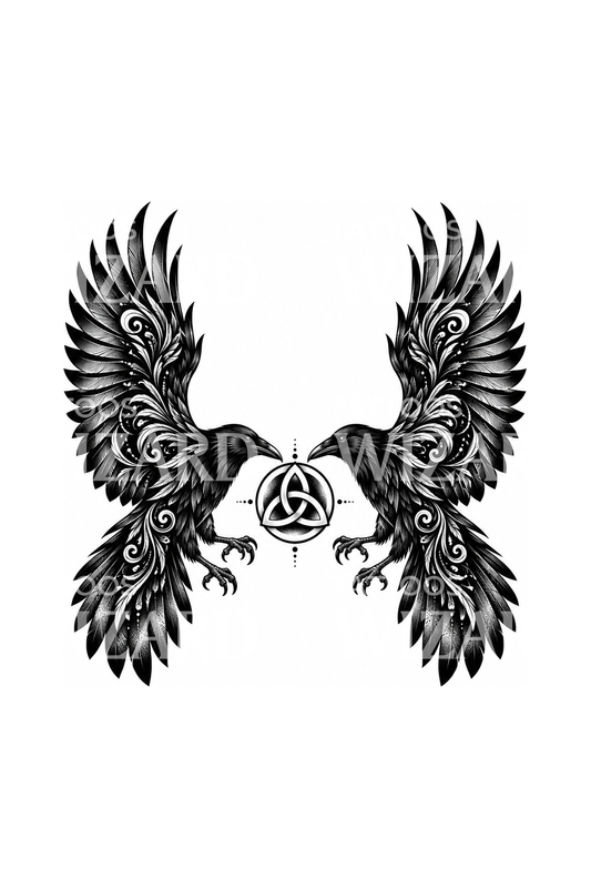 Motif de tatouage corbeaux Hugin et Munin avec triquetra