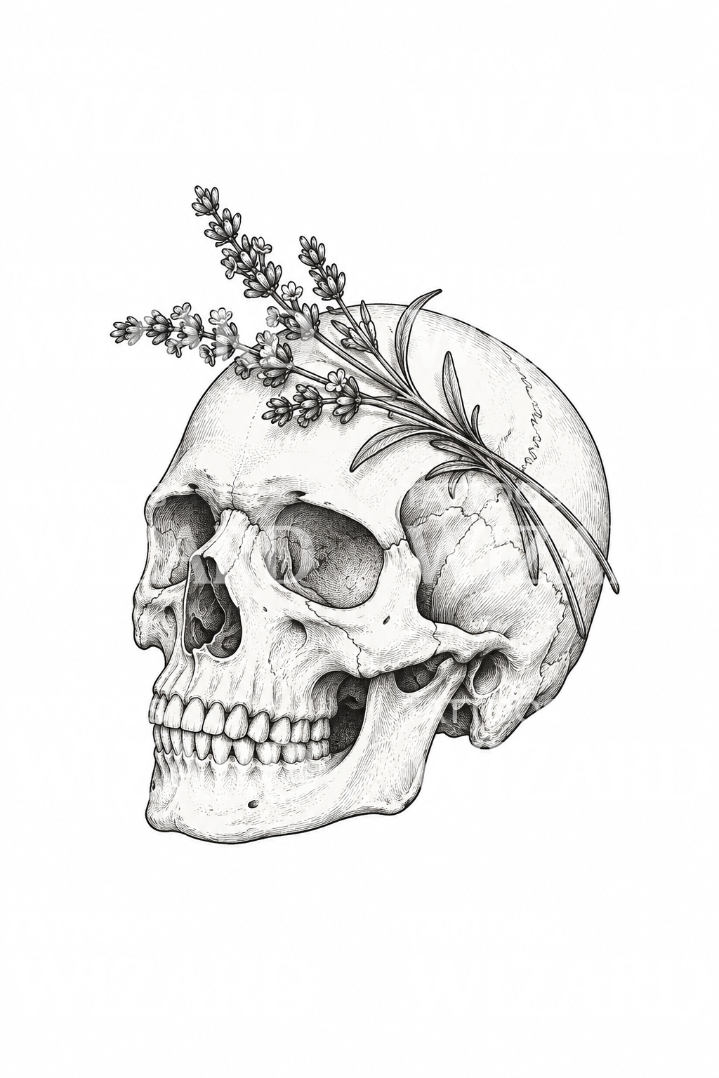 Human Skull with Lavender Sprig Fine Line Tattoo