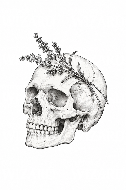 Human Skull with Lavender Sprig Fine Line Tattoo