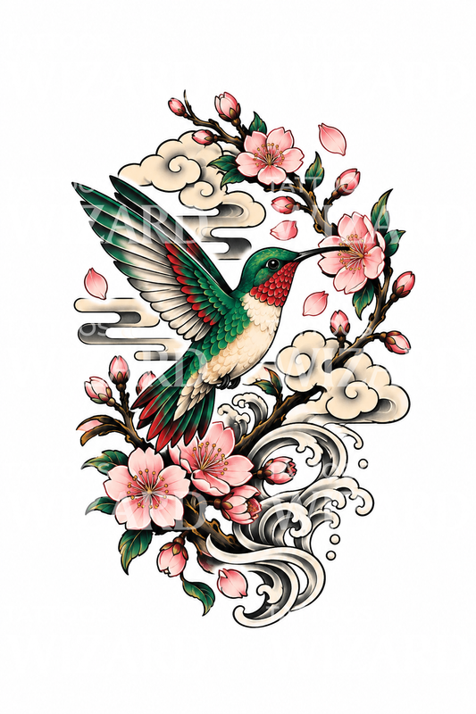 Kolibri bland körsbärsblommor, japansk tatuering