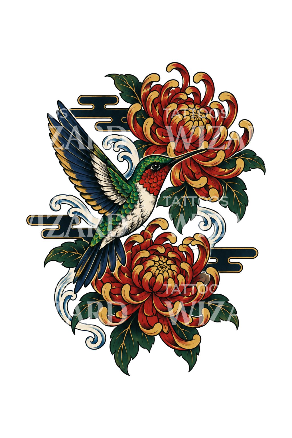 Kolibri bland japanska krysantemum, tatueringsdesign