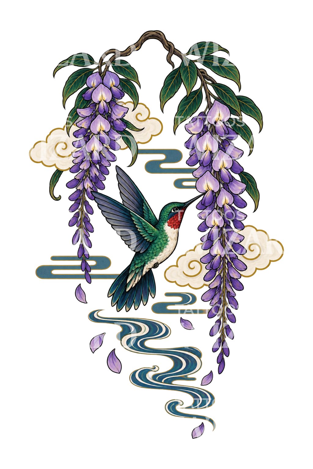 Kolibri zwischen Glyzinien als Tattoo