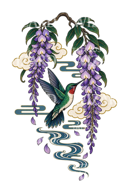 Kolibri zwischen Glyzinien als Tattoo