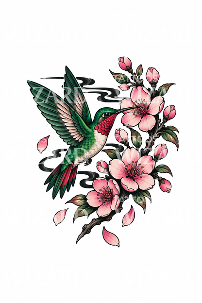 Japán kolibri- és cseresznyevirág-tetoválás-illusztráció