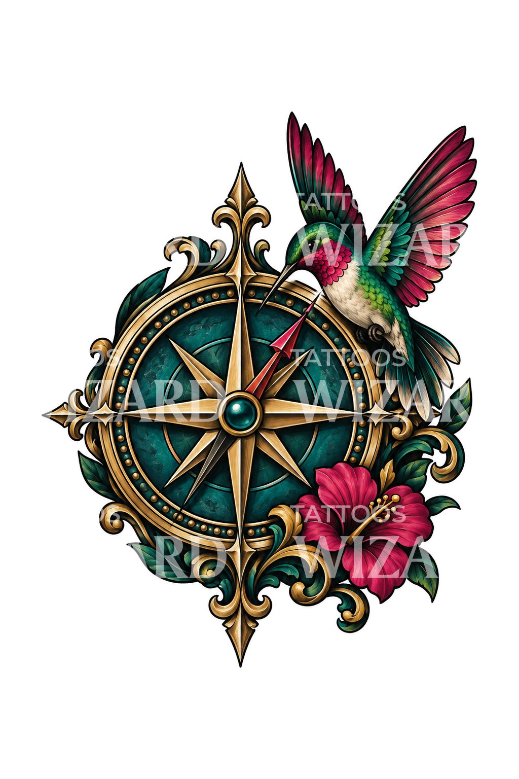 Desain Tato Burung Kolibri dan Mawar Kompas