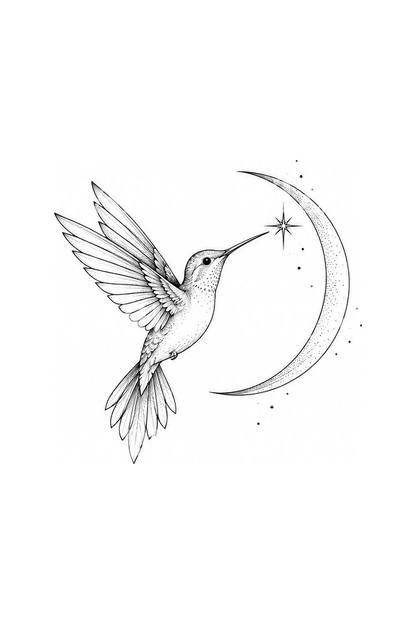 Tatouage colibri et croissant de lune en fine line