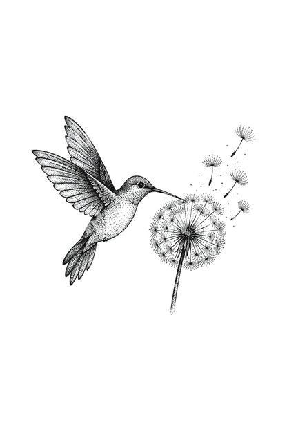 Hummingbird and Drifting Dandelion Seeds Tattoo Idea