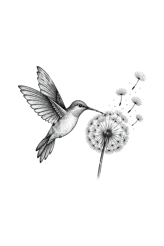 Hummingbird and Drifting Dandelion Seeds Tattoo Idea