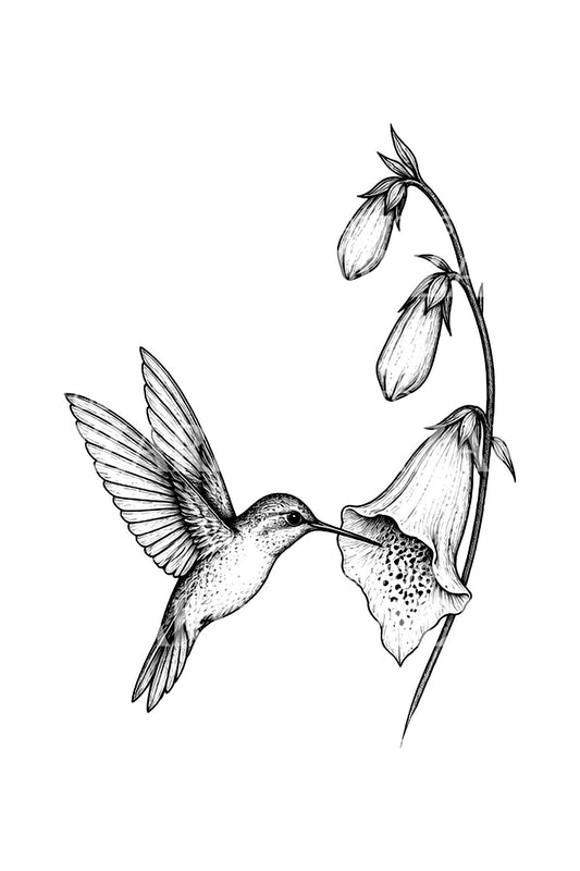 Tatoveringsdesign med kolibri og fingerbølblomst