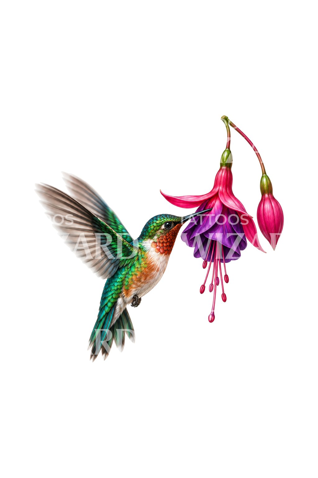 Hummingbird and Fuchsia Color Realism Tattoo Design