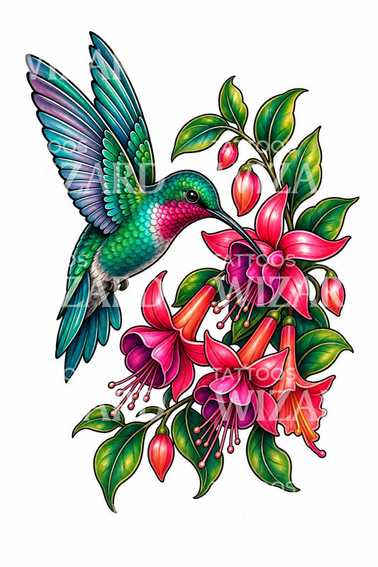 Hummingbird and Fuchsia Flowers Tattoo Design