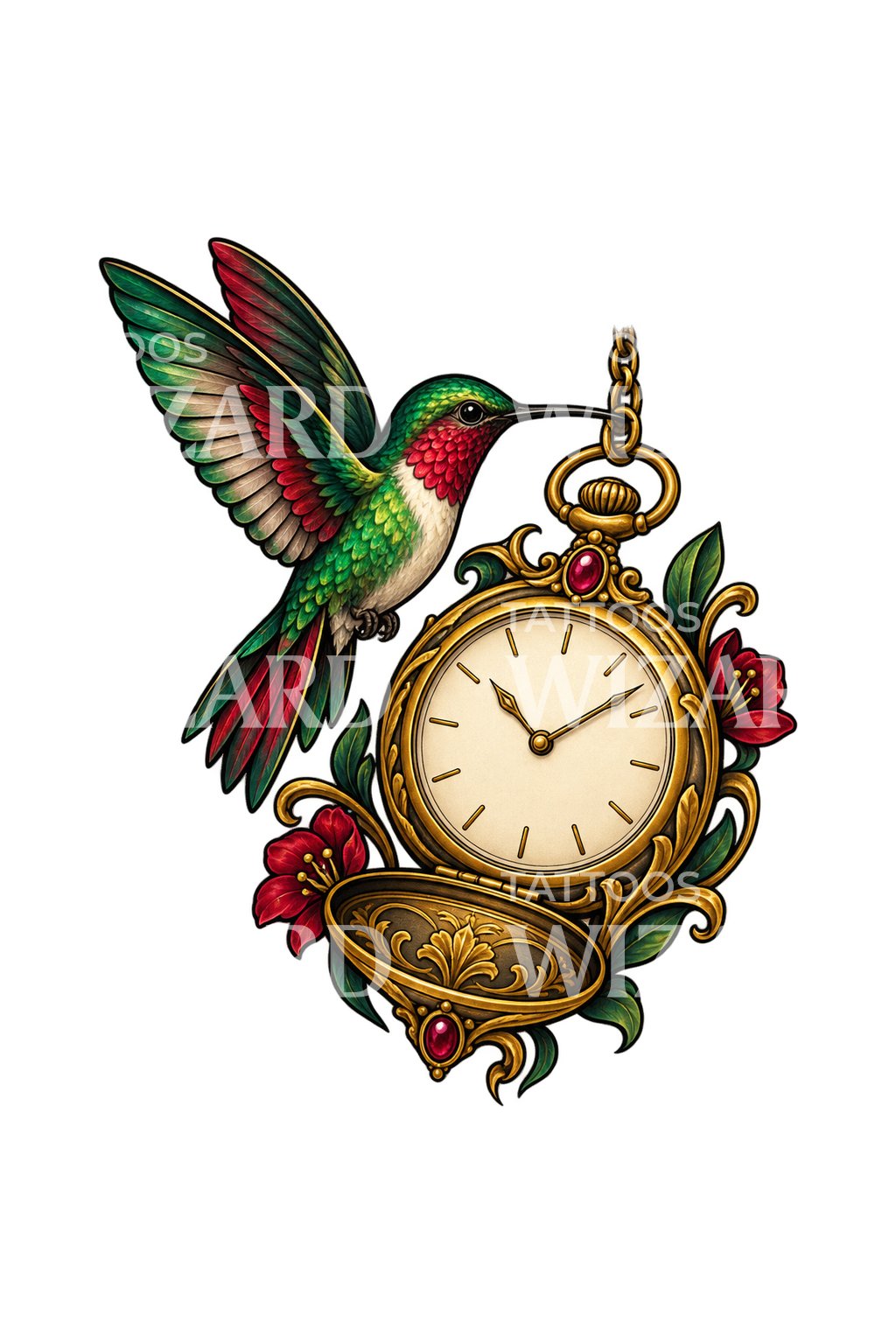 Hummingbird and Gold Pocket Watch Tattoo Design