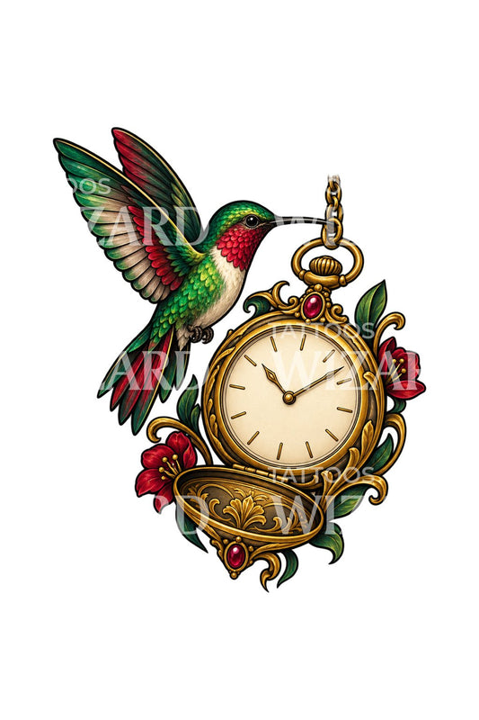 Hummingbird and Gold Pocket Watch Tattoo Design
