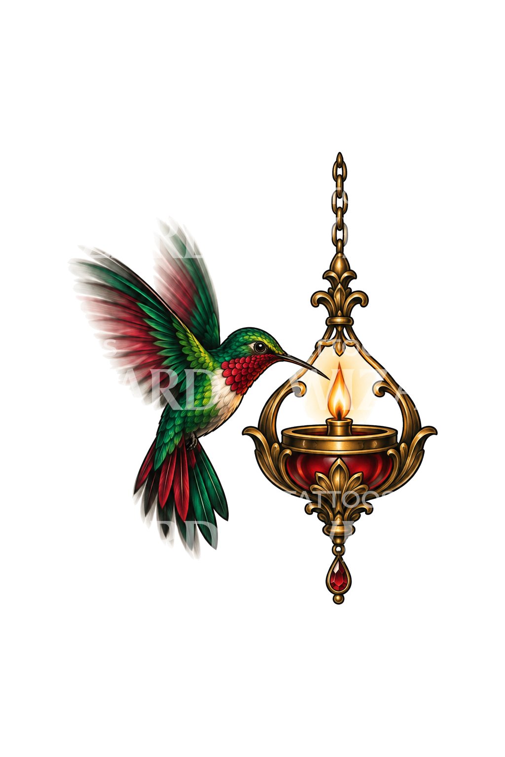 Motif de tatouage colibri et lampe à huile suspendue