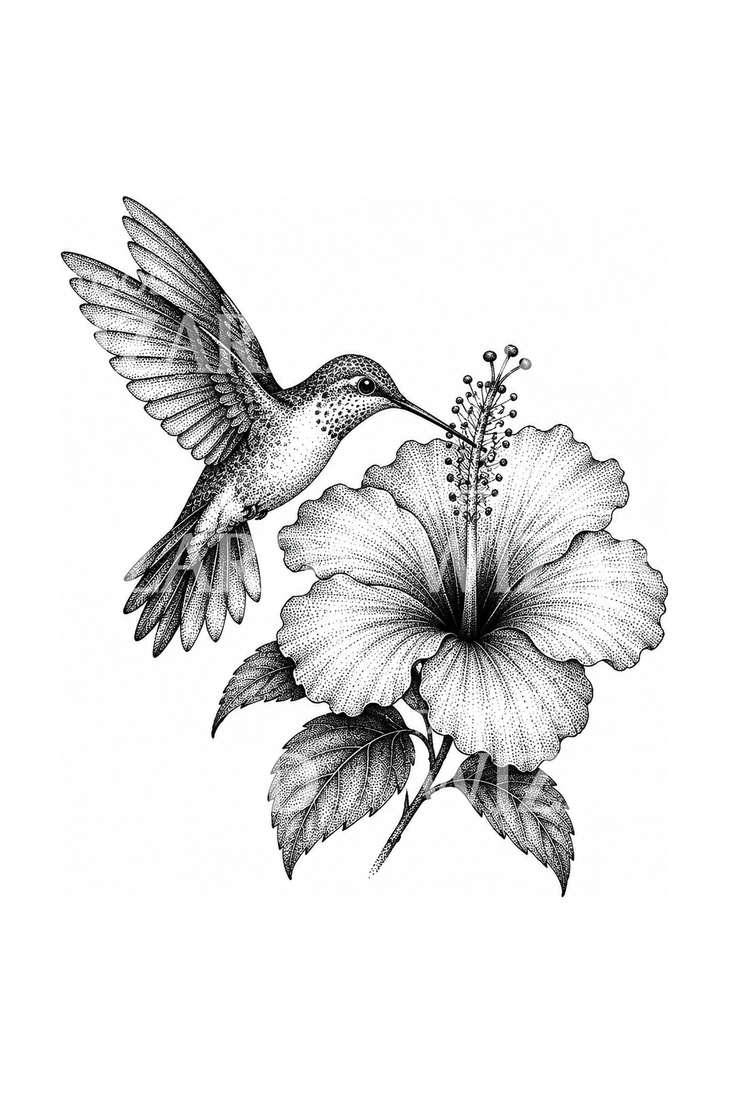 Tatuaggio colibrì e ibisco in dotwork