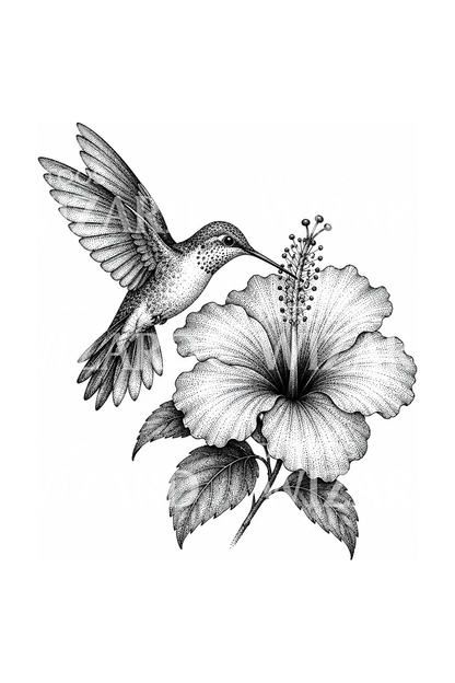 Tatuaggio colibrì e ibisco in dotwork