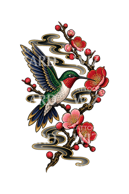 蜂鸟与梅花日式纹身