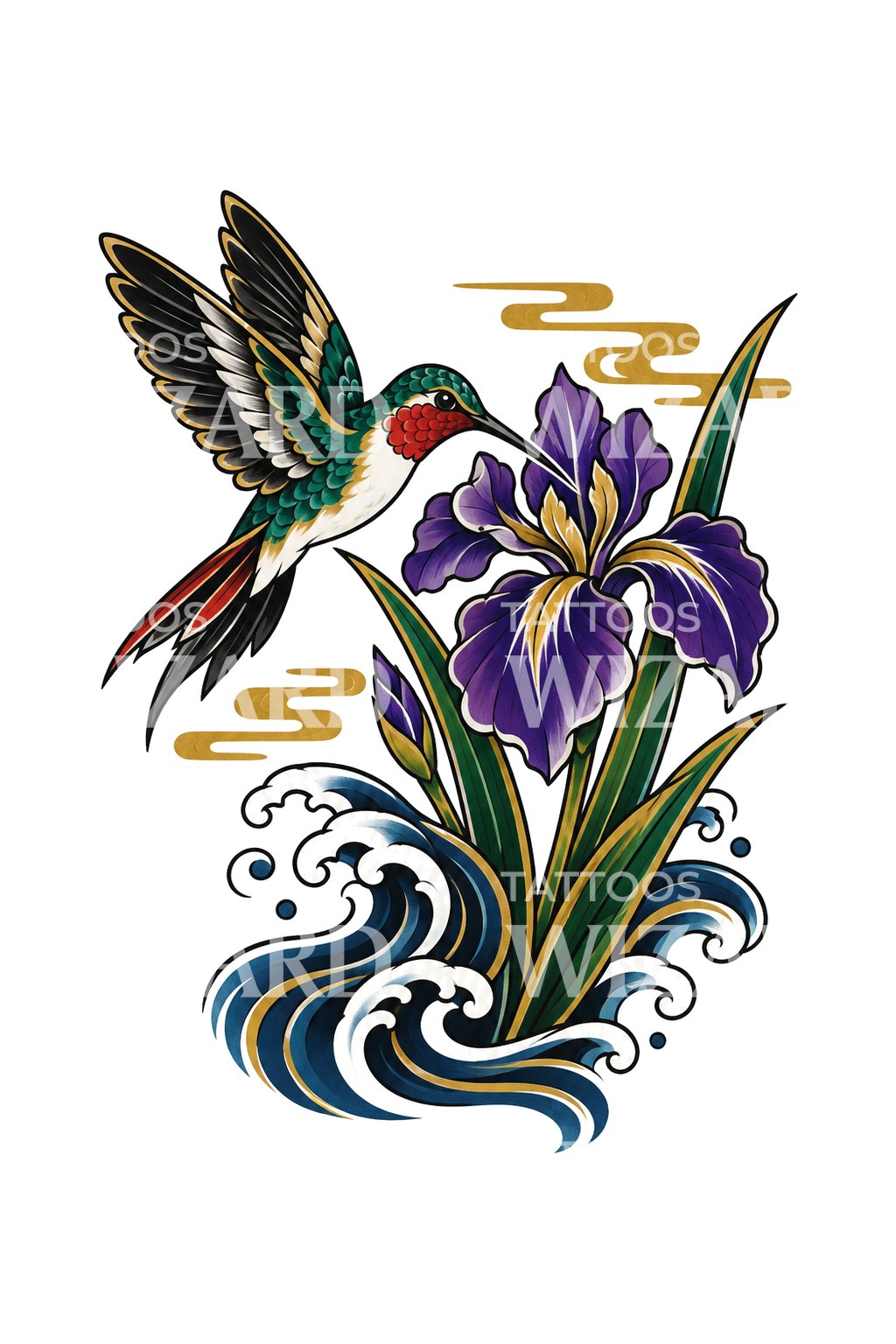 Kolibri és lila nőszirom Irezumi tetoválásillusztráció