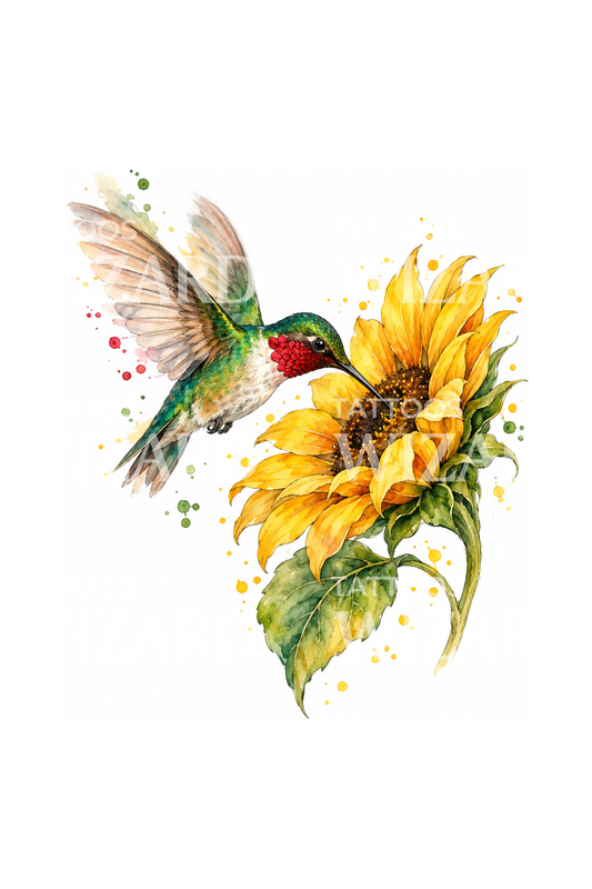 Hummingbird and Sunflower Watercolor Tattoo Design