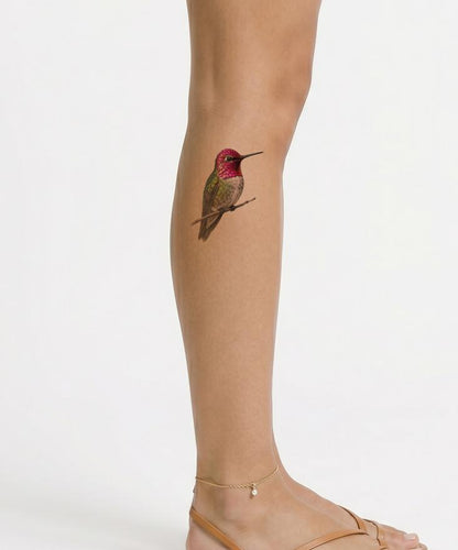 Kleurrijk realistisch tattoo-ontwerp van een zittende Anna-kolibrie
