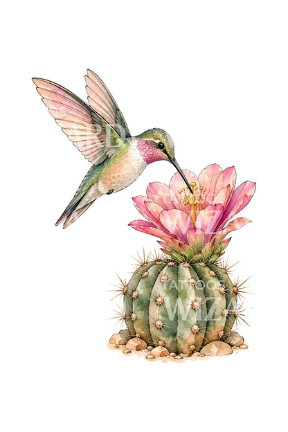 Hummingbird at Blooming Cactus Watercolor Tattoo Illustration